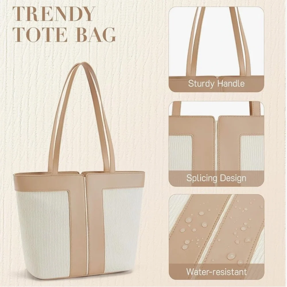 *New* Quilted Shoulder Bag/Tote Bag W/ Zipper - Tan and Beige - Picture 4 of 7
